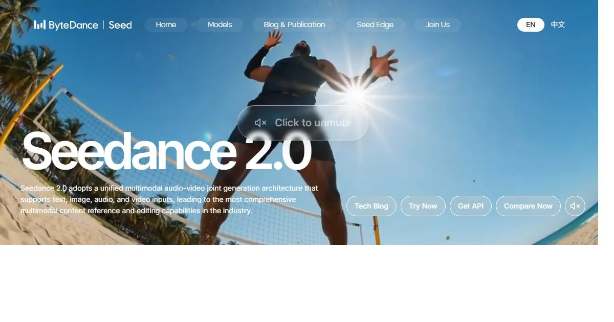 바이트댄스 Seed의 Seedance 2.0 소개 페이지. 배경에 비치발리볼 영상이 재생되고 있다.